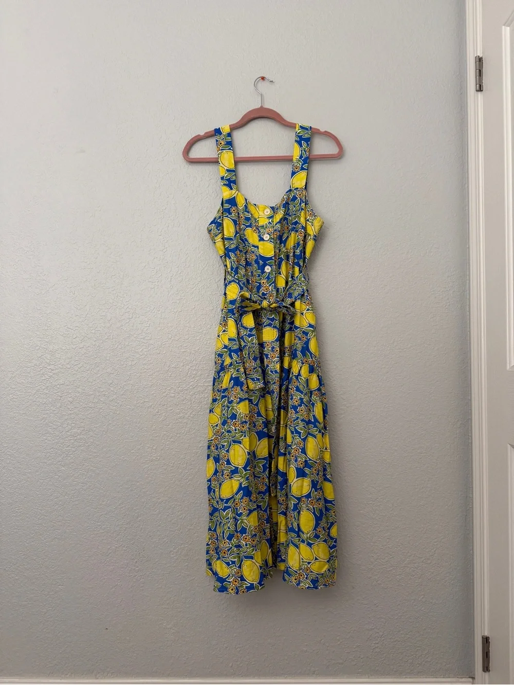NWOT Yellow & Blue Lemon-Print Midi Dress with Tie Waist - Picture 2 of 16